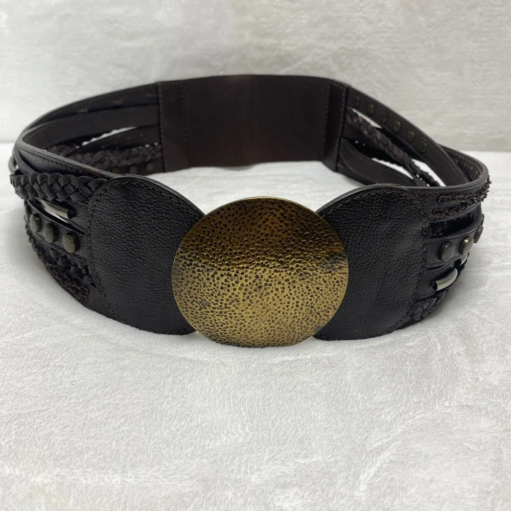 Chicos Faux Leather Dark Brown Wide Braided Studded Belt‎ Fashion Accessory Chic
